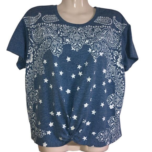 Lucky Brand top Sz M blue pullover short sleeve print front knotted‎ front hem - Picture 1 of 9